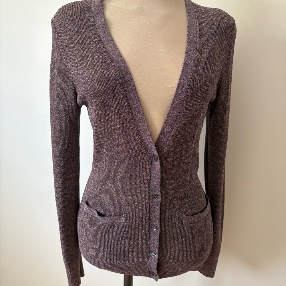 Banana Republic Purple Metallic Thin Knit Cardigan with Gold Thread